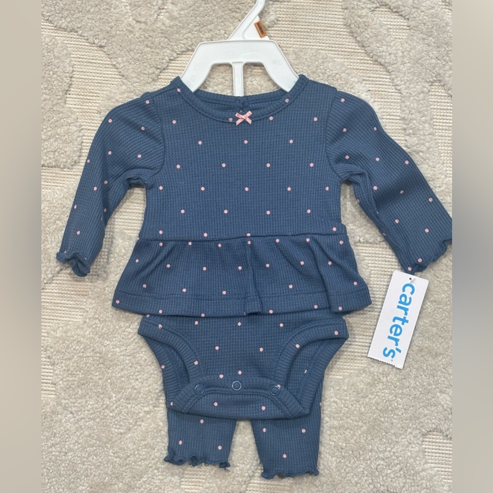 Carter's Blue Top, Pants, and Onsie with Pink Accents